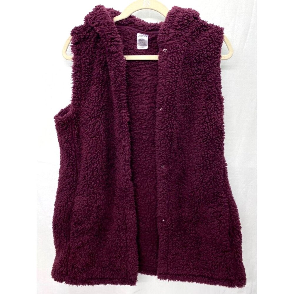 Women Teddy Bear Fleece Hooded Vest Hoodie Coat Jacket Burgandy Sherpa Shrug L